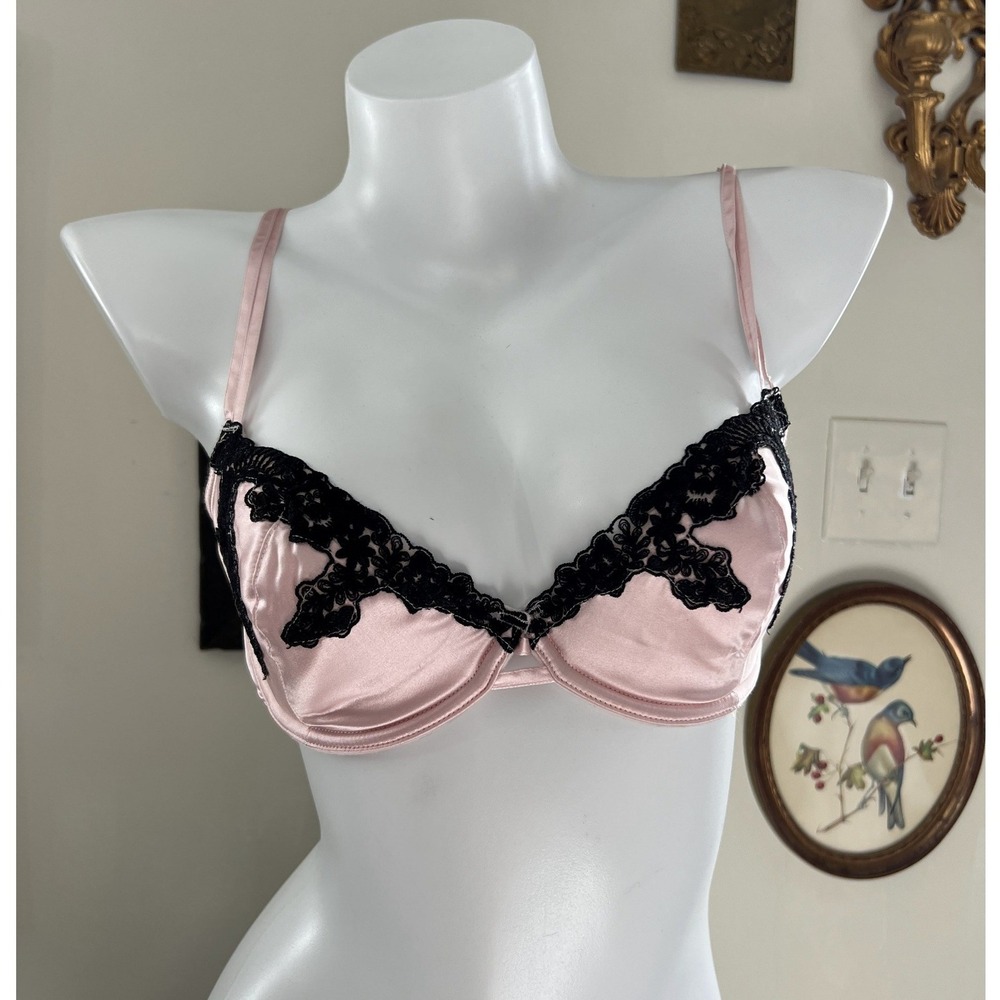 Felina Lingerie Pink Silk Underwire Bra with Black Lace Trim Size 36B